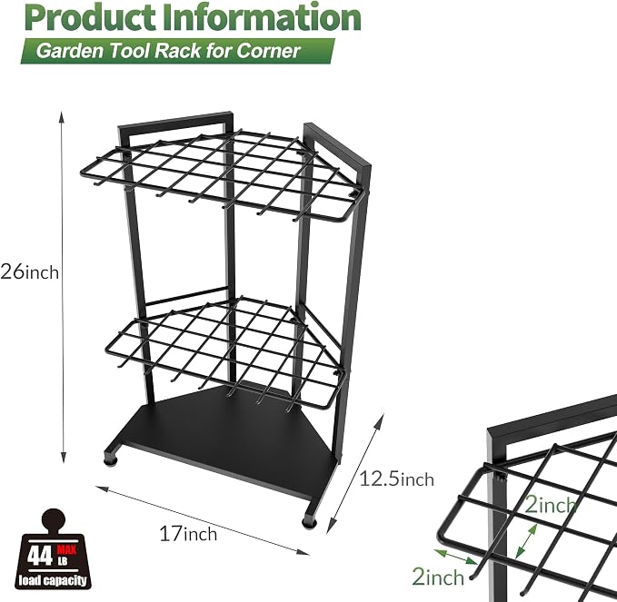 Garden Tool Organizer for Corner - Heavy Duty Metal Rack with 34 Storage Compartments & 14 Hooks for Shovels, Rakes, Long-Handled Tools, Ideal for Garden, Shed, Garage Storage