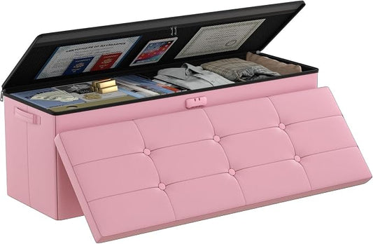 DocSafe Storage Ottoman Bench, Fireproof＆Waterproof Folding Bench with Lock(15”x 43”x15”), Leather Storage Chest with Handles＆2 Extra Boxes, Ottoman Safe for Bedroom,Living Room,Home Office, Pink