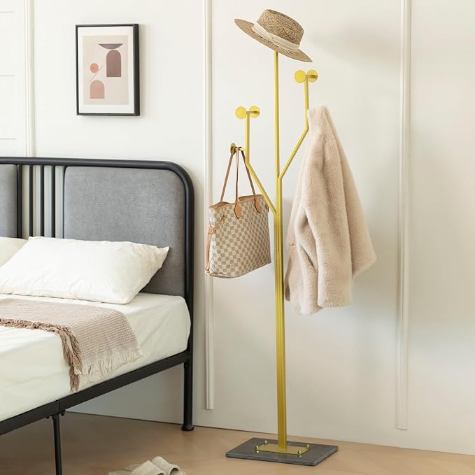 JIAYUEJU Freestanding Coat Rack Coat tree for Entryway Bedroom (Gold) | Tree-shaped, Easy Assembly, Space Saver, Heavy Duty, Metal Frame, Marble Base, 8 Hooks, Living Room, Office, Corner