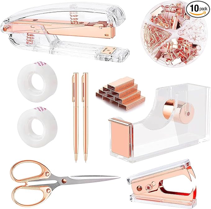 suniya Office Supplies Rose Gold Desk Accessories Set Office Supplies Kit with Stapler, Tape Dispenser, Scissors, Staple Remover, Ballpoint Pen, Clear Tape & Staples – Best Gift for Business or Boss