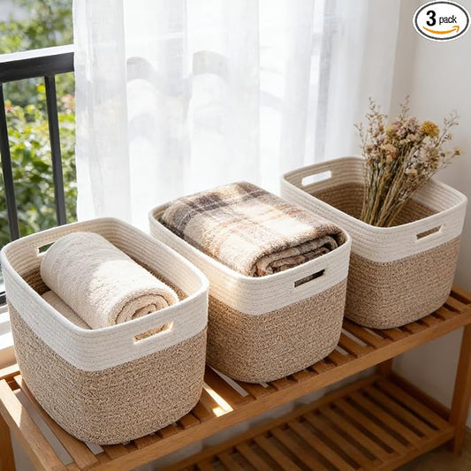 3 Pack Woven Baskets,Storage Baskets for Shelves with Handles | 13.5"×11"×9.5" Closet Baskets, Nursery Organizer for Toys Towels Books, Storage Bin for Living Room Bedroom (White&Brown)