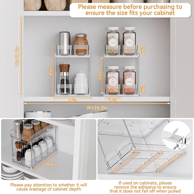 2 Tier Sliding Spice Racks for Cabinets,4 Pack 10.4'' Deep Narrow Vertical Spice Rack Pull Out for Inside Cabinets,Kitchen,Pantry,Cupboard Seasoning,Jar Organizer and Medicine Cabinet Storage