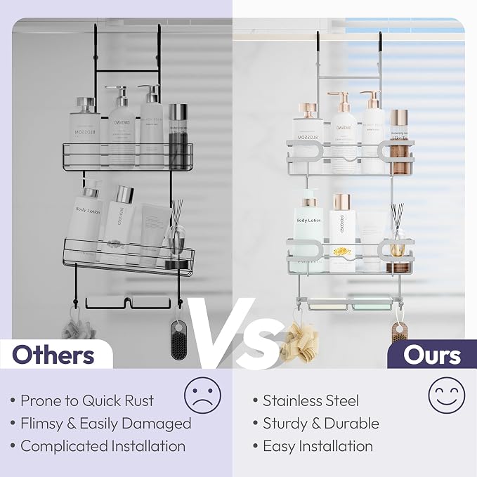 SWTYMIKI Over the Door Shower Caddy Hanging with Double Soap Holder, Hanging Shower Organizer with 16 Hooks, No Drilling Shower Shelves Over Door, Bathroom Rack and Storage, Silver
