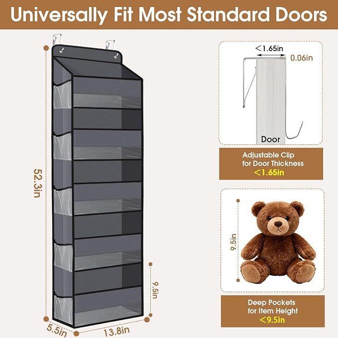 Over The Door Organizer Storage behind Door Hanging Organizer for Nursery | 5 Tier, 10 Side Pockets, Clear Window, Sturdy Construction, Space-Saving Storage for Closet, Bedroom, Bathroom & Nursery