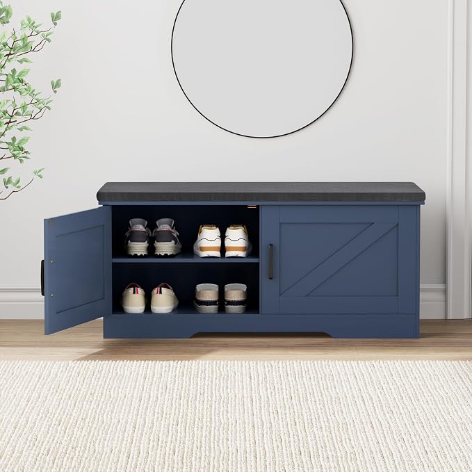 HOMSHO Farmhouse Shoe Storage Bench with 2 Barn Doors & Padded Seat Cushion | 39.4" Wide Entryway Bench with Adjustable Shelves & Hidden Storage, Blue