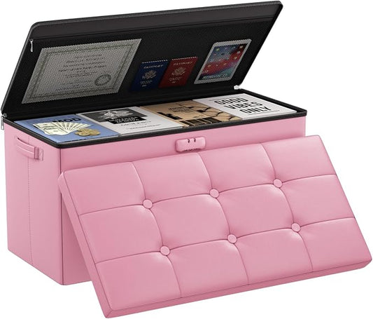 DocSafe Storage Ottoman Bench with Lock,Fireproof 30 Inches Folding Bench Foot Rest Stool Storage Chest Safe for Living Room,Bedroom,Home Office,Waterproof Leather Ottoman with Handles,Pink
