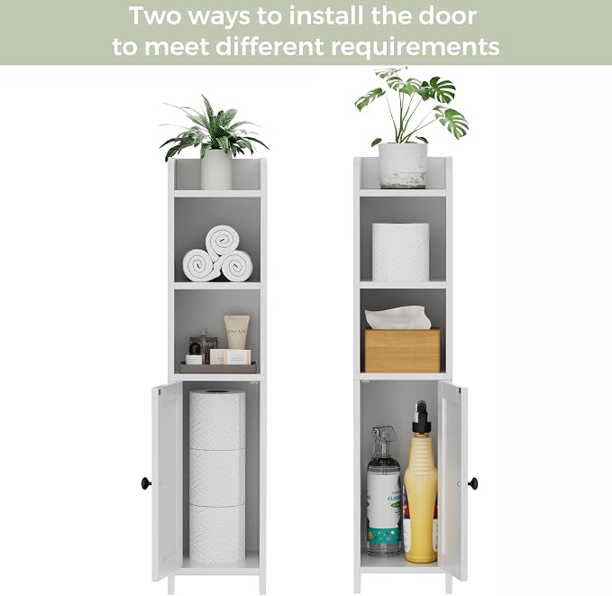 Homhedy Small Bathroom Storage Cabinet, Narrow Toilet Paper Cabinet | Corner Floor Cabinet with Door and Shelves, Slim Bathroom Cabinet for Small Spaces, 7.9" D x 7.1" W x 31" H, White