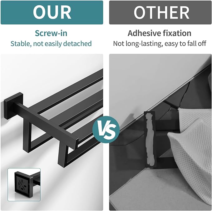 STWWO Towel Racks for Bathroom Wall Mounted, 24 Inch Black Double Towel Bar | Dual Towel Rack with Shelf, Double Towel Bar with Shelf, Stainless Steel Hand Towel Hanger, Bath Towel Holder for Wall