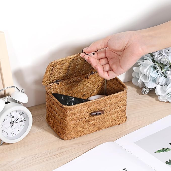 Small Decorative Box Natural Seagrass Box with Lid, 6.1"x 4"x 3.3" | Wicker Basket for Organizing Keys,Wicker Shelf Baskets for Bathroom & Living Room