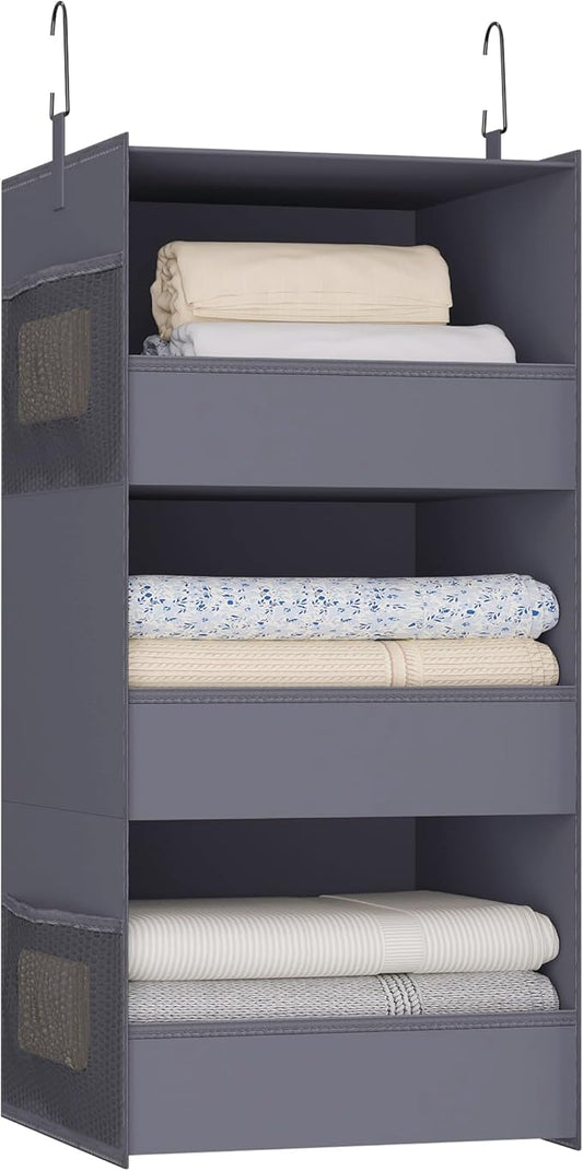 3-Shelf Hanging Closet Organizer, Washable Foldable Storage, Dark Gray | Front lip keeps items secure; side pockets add room; Oxford fabric handles towels, shirts, baby items, dorms, RVs or travel.