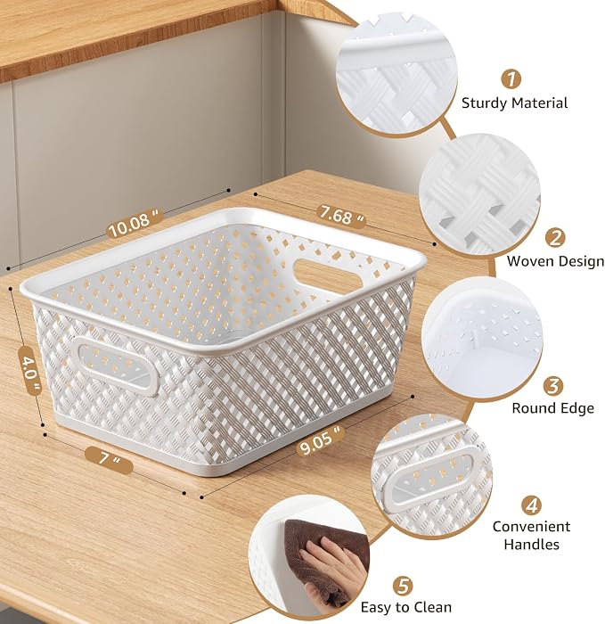 MaxGear 3 Pack Plastic Storage Baskets, Medium, White | Durable Woven Plastic with Built-In Handles, Suitable for Shelves, Closets, Cabinets, Bathrooms and Offices