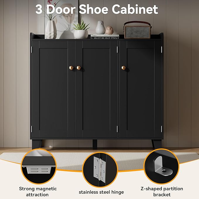 Shoe Storage Cabinet with 3 Doors and Adjustable Shelves，40 Inch Tall Farmhouse Flat-Shelf Wooden Shoe Cabinet，Shoe Rack Shoe Organizer Cabinet for Hallway Entryway Living Room （Black）