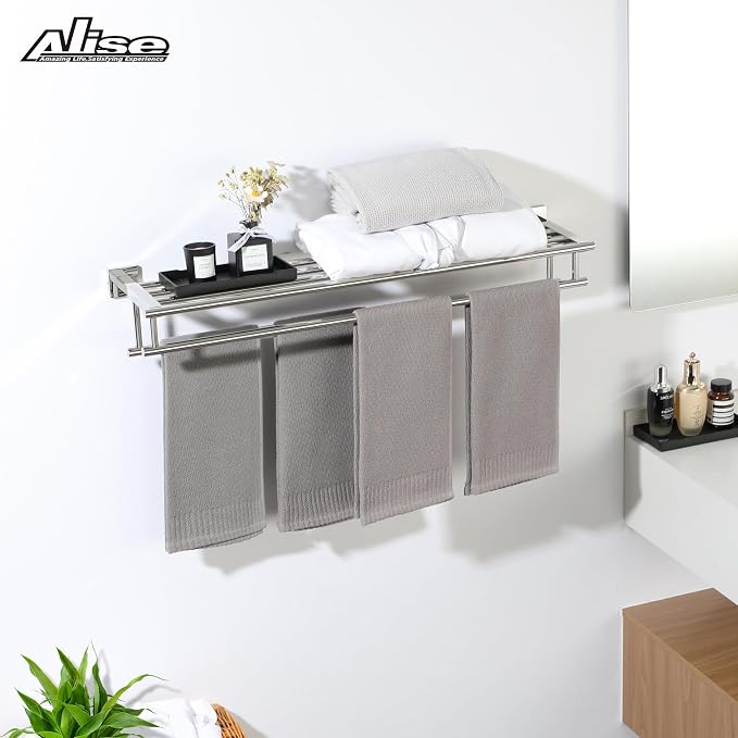 Alise 32 Inch Double Towel Rack for Bathroom Wall Mounted,Polished Chrome | SUS304 Stainless Steel Towel Rack with Shelf,Bathroom Tower Holder Towel Shelf with Double Towel Bars for Bath Kitchen