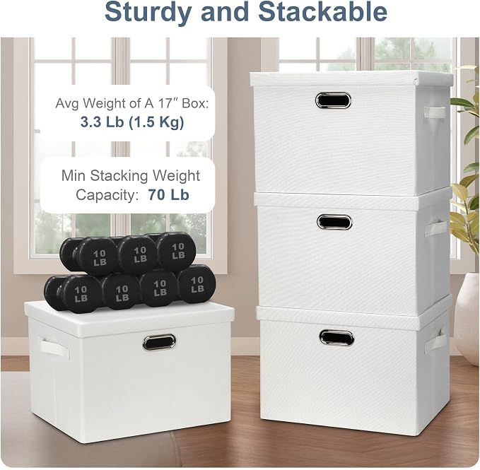 Graciadeco Large 17" 36 Quart Collapsible Stackable Storage Bins with Lids, 1 Pack White Foldable Fabric Closet Storage Boxes with Lids, 4 Handles Heavy-duty Linen Cube Baskets for Bedroom | 36 Quart 1 Pack White Collapsible Stackable Linen Fabric 4 Ha...