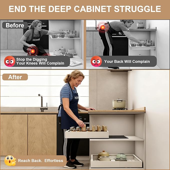 Pull out Cabinet Organizer,Width (11"-17") and Depth (25"-32") Expandable With 3 Rails,No Drill Adjustable Slide out Drawers for Kitchen,Pantry,Adhesive Roll out Shelves,for Cabinets Without Lip,White