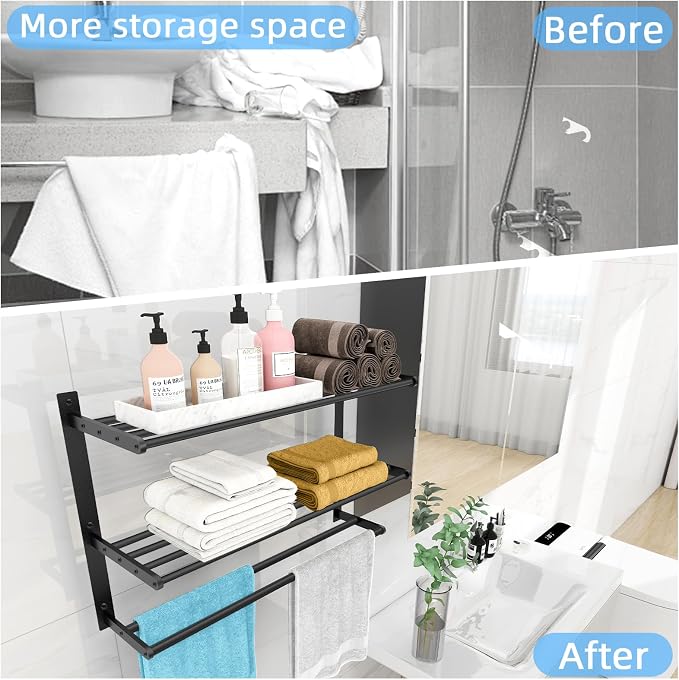 KLJKPA 24 Inch Towel Racks for Bathroom Wall-Mount, 3-Tier, Black | Towel Shelf with Double Towel Bar, Towel Holder, Towel Storage for Bathroom Lavatory, Stainless Steel, Space Saving