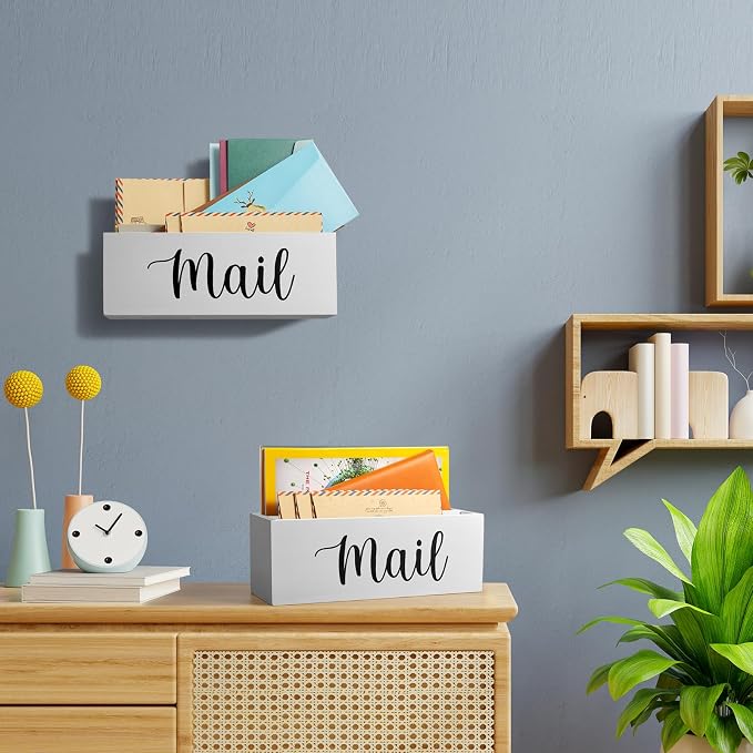 DRASTAR Mail Organizer, Mail Holder with 2 Slots, White Mail Basket for Wall Mount, Wooden Desk Mail Organizer, Envelope Holder for Home Office Decor