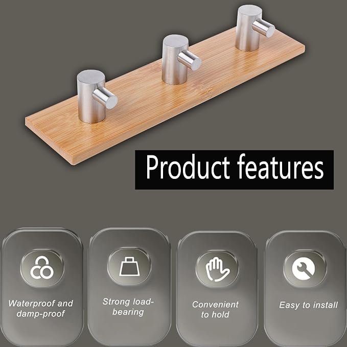 Bamboo Wood Key Holder for Wall - Key Hanger with Hooks - Decorative Wall Hooks for Hanging Heavy Duty Key Organizer for Kitchen, Bedroom, Bathroom - Ideal Coat Rack (3 Hooks, Sliver)