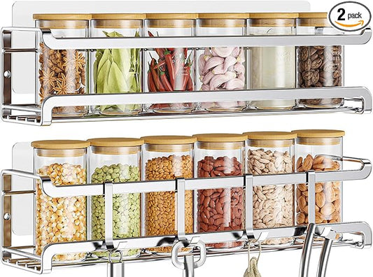 Bunoxea Spice Rack Wall Mounted 2 Pack, Silver,For Spice Jars & Seasonings | 2 Removalble Hooks,Screw or Adhesive Hanging, Space-Saving,For Kitchen Cabinet, Pantry Door,Stove,RV Use,11.41x2.75x2.75in