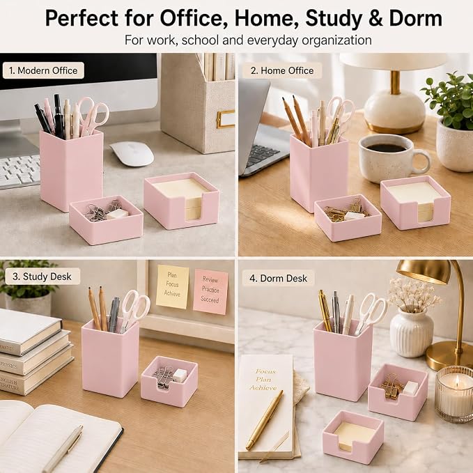 minimaliving Aesthetic Silicone Desk Organizer Set of 3,Modern Office Desk Accessories with Pen Holder,Paperclip Tray,Sticky Note Holder,Stylish Functional Office Desk Decor for Back-to-school(Pink)