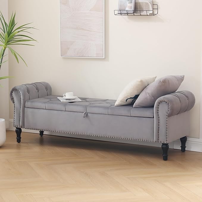 Velvet Storage Bench 67 Inch Upholstered Tufted Ottoman Bench with Arms King Size End of Bed Bench for Bedroom Living Room Entryway Light Grey