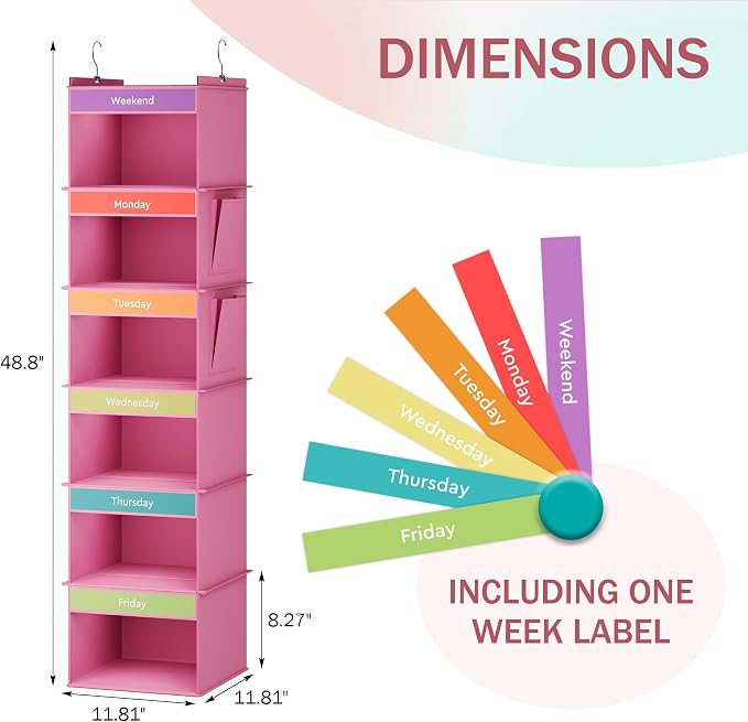 YOUDENOVA Weekly Clothes Organizer for Kids, Hanging Closet Organizer, Pink | Days of the Week Clothes Organizer, Reinforced Bamboo Slats, Kids' School Outfit Planning, Breathable Fabric, 2 Side Pockets
