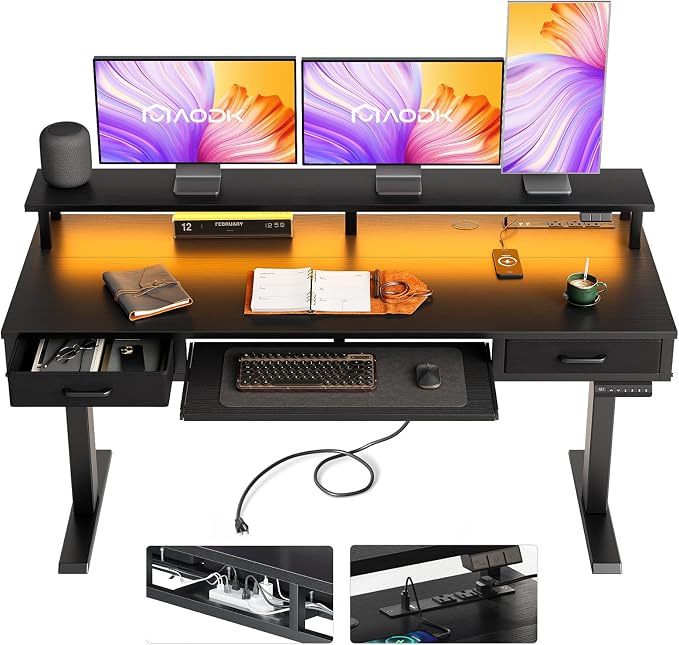 AODK 63 Inch Electric Standing Desk with Drawers & Keyboard Tray, Black | 3 Outlets & 2 USB Ports, 20-Mode LED Lights, Monitor Stand, Cable Management Tray, 3 Memory Heights, 29.9"-46.1" in Range