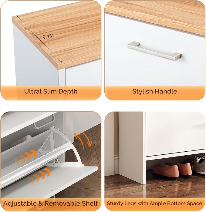 VINGLI Shoe Cabinet for Entryway, Slim Shoe Storage Cabinet with 4 Flip Drawers & Oak Top, Modern Hidden Shoe Rack Organizer, Narrow Shoe Cupboard for Hallway, White, 42 Inch