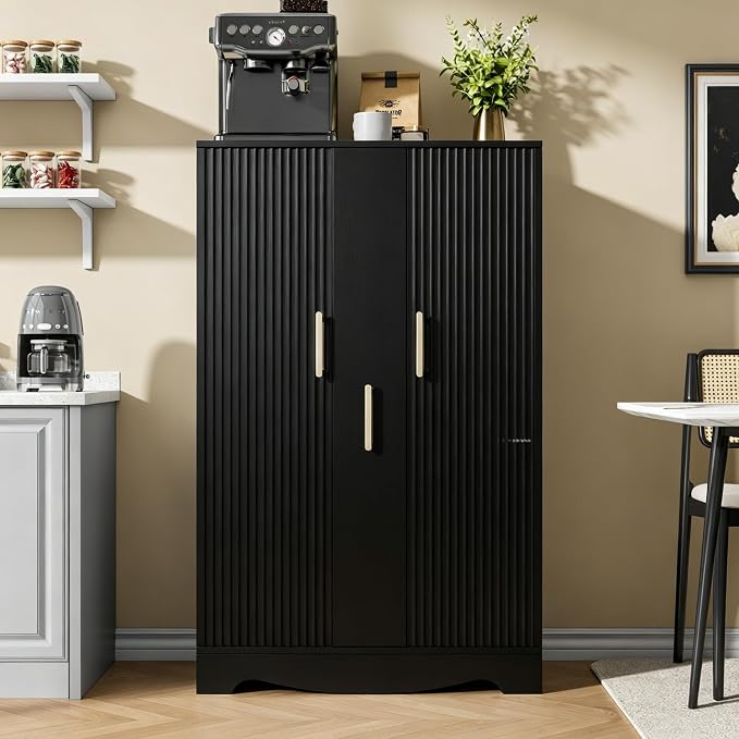 kepptory 47“ Black Kitchen Pantry Cabinet with 3 Doors, Adjustable Shelves, | Pull-Out Side Spice Racks, Freestanding Food Storage Cupboard for Kitchen, Dining Room, Living Room