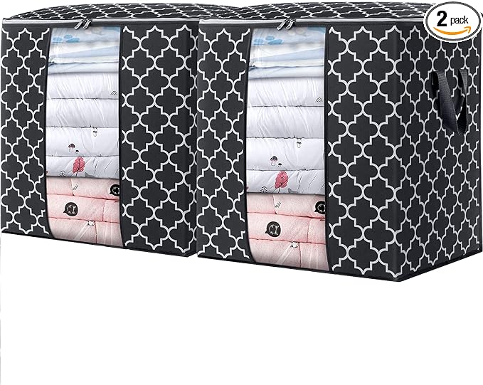 WISELIFE Storage Bags 2 Pack/100L Large Blanket Clothes Organization and Storage Containers for Comforters,Bedding, Foldable Organizer with Reinforced Handle, Clear Window, Sturdy Zippers,Black