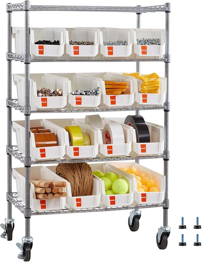 VEVOR 5-Tier Rolling Bin Storage Rack, 16 Organizer Bins, Bin Rack Storage Steel Wire Shelving System with Wheels, Mobile Tool Organizer for Garage, Warehouse, Office, Restaurant, Classroom, Kitchen