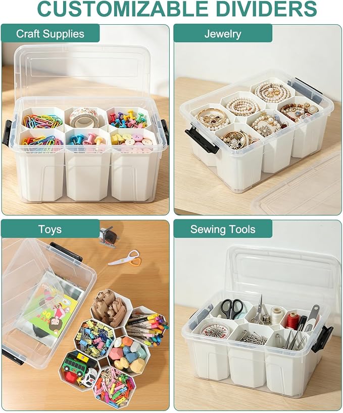 EOENVIVS Clear Storage Tote with 6 Tall Inserts, Stackable craft organizers and storage Box, Plastic Storage Bins with Lids and Handles for Crafts, Jewelry & Sewing, Art Supplies, Markers, Pens