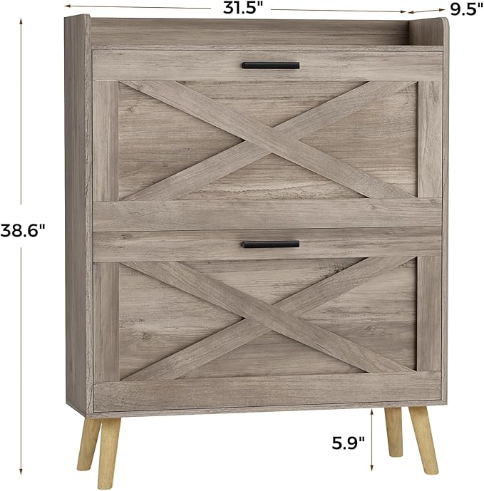 Homleke Farmhouse Shoe Storage Cabinet with Flip Drawers & Barn Door Design | Slim Narrow Shoe Rack Cabinet with Adjustable Shelves & Hidden Storage for Entryway, Foyer, Hallway, Living Room, Greige