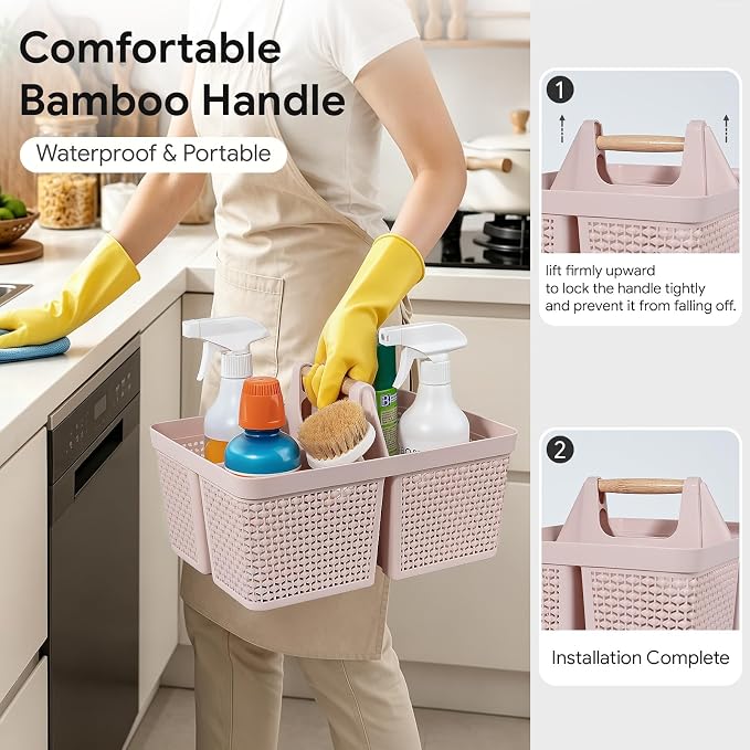UUJOLY Portable Plastic Shower Caddy Basket with Wooden Handle, Pink | Divided Storage Organizer Tote for Bathroom, Dorm, College, Kitchen & RV – Lightweight, Easy-Carry Essentials Caddy