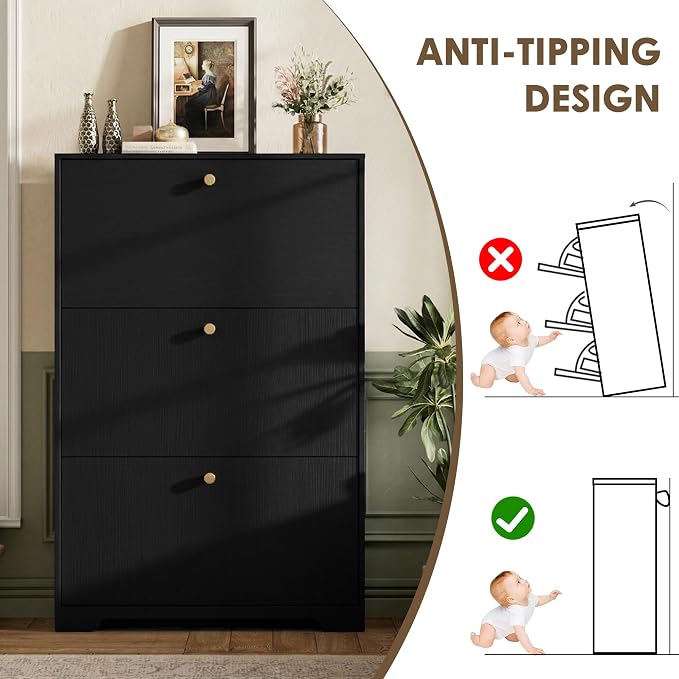Nicetree Shoe Cabinet with 3 Flip Drawers, Narrow Shoe Organizer Cabinet, Freestanding Shoe Rack Cabinet, Modern Shoe Storage Cabinet for Entryway, Hallway, Foyer, Black