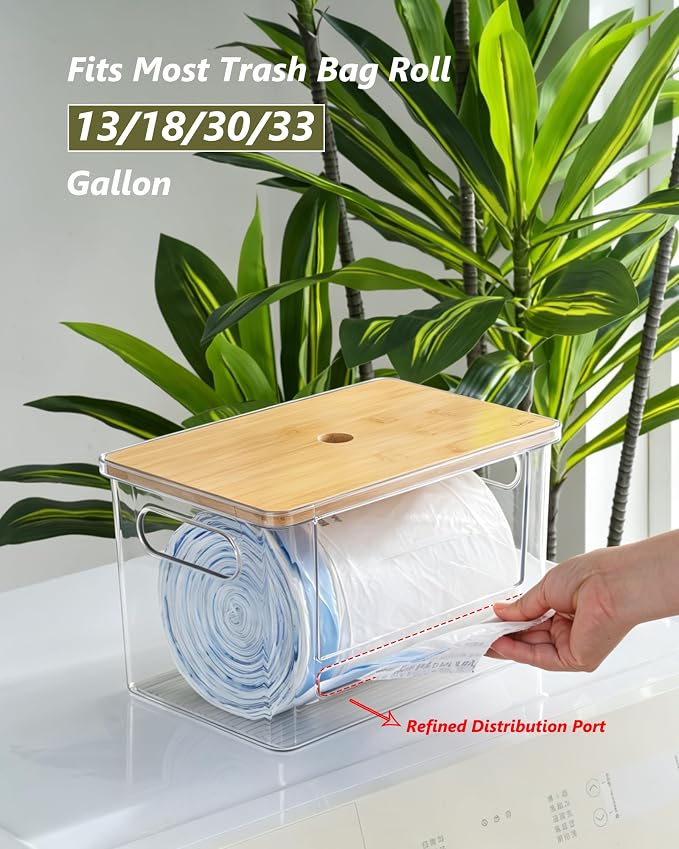 iCASA 3 in 1 Trash Bag and Dishwasher Pod Organizer Garbage Bags Dispenser | Large Acrylic Trash Bag Holder with Bamboo Lid, with 2 Pack Laundry Detergent Pods Container, Under Kitchen Sink Organizer