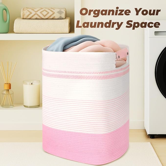 AINUOQI Laundry Basket with Handles - Blanket Basket & Hampers for Bedroom Aesthetic, Laundry Hamper & Blanket Storage for Living Room, Clothes Hamper, Tall, Large 17" x 14" x 22”, Pink & White