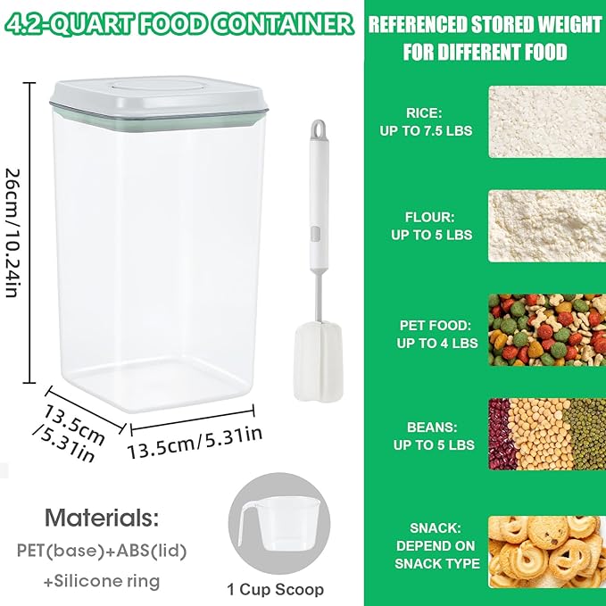 4.2 Qt Airtight Flour Rice Storage Container with Pop-up Lid Sugar Holder | Crystal-Clear BPA Free Plastic Spaghetti Containers, Tall and Slim Food Storage Bin for Kitchen Pantry Organization
