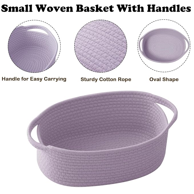 Purple Woven Rope Basket - Baby Gift Basket with Bag & Ribbon | Cotton rope with handle, 12x8x5 in, gift bag and ribbon, for baby shower, birthday, toy storage, nursery, shelf decor