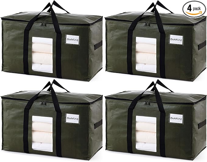 TAILI 4 Pack Green Extra Large Storage Bags, Heavy Duty Totes with Visible Window, Wrap Around Handles, Perfect for Moving