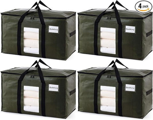 TAILI 4 Pack Green Extra Large Storage Bags, Heavy Duty Totes with Visible Window, Wrap Around Handles, Perfect for Moving