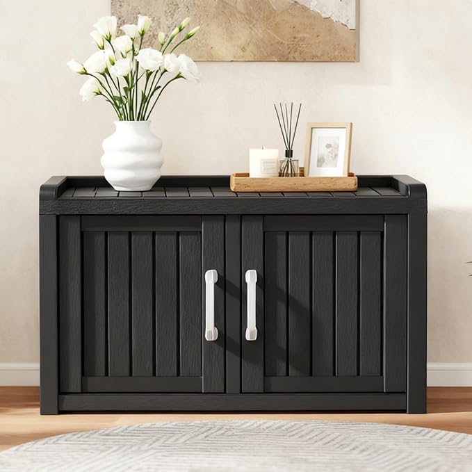 Outdoor Shoe Storage Cabinet, Waterproof UV-Resistant Entryway Storage Bench Indoor Outdoor with 2 Barn Doors, Adjustable Shelves for Entryway, Bedroom, Hallway,Living Room(Jet Black)