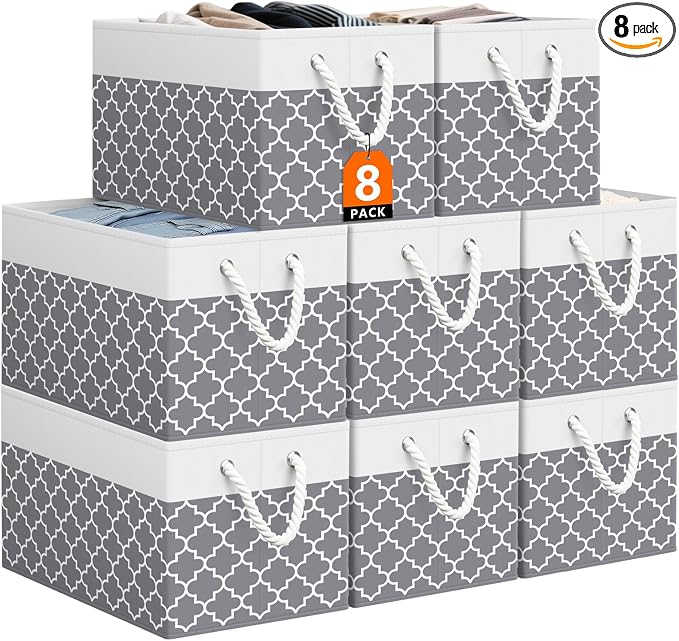 StorageTastic Storage Bin,Collapsible Storage Basket For Organizing,Large | Storage Boxes With Rope Handles,Storage Containers,Clover Grey,8 Pack