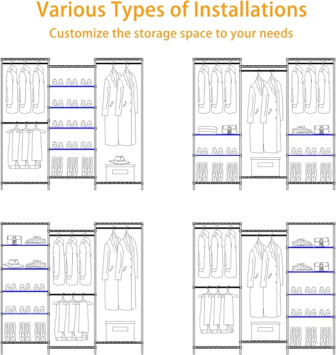 Higeego H12 Heavy Duty Clothes Rack, White | Freestanding Clothing Rack with 10 Adjustable Shelves, Shoe Rack, 3 Hanging Rods, 15.7" D x 68.7" W x 76.4" H