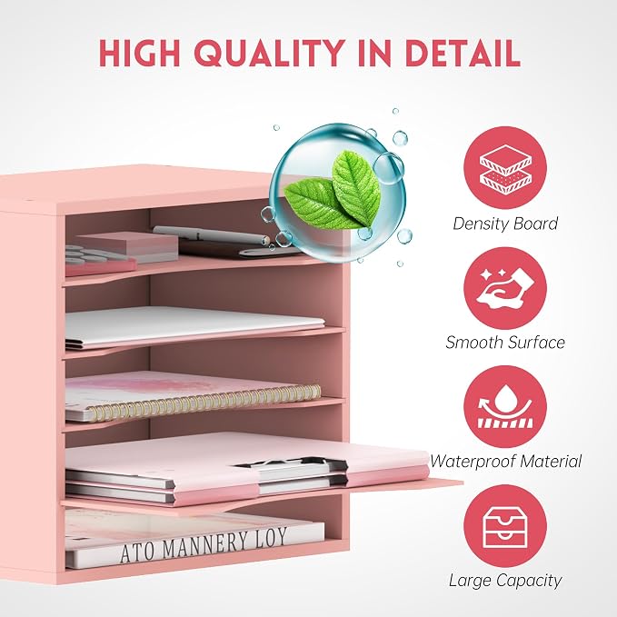 5 Tier Wood Desk Organizer, Mail Sorter and Paper Organizer for Desk, Pink | Wooden Desktop Organizer for Sorting Papers, Letters and Mails, Literature Organizer for Home Office, Classroom Organization