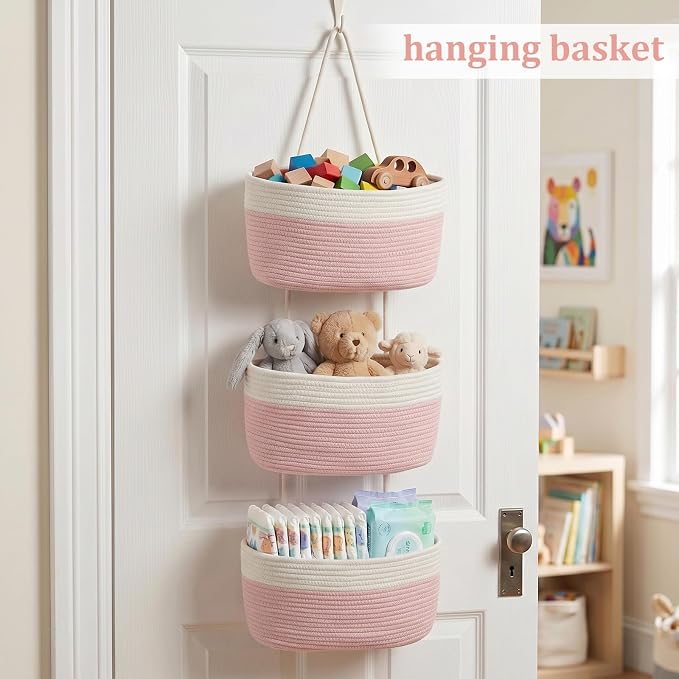 TeoKJ Over the Door Hanging Basket, 3-Tier Woven Cotton Wall-Mounted Storage Organizer Bag Decorative Hanging Nursery Baskets, Pink & White