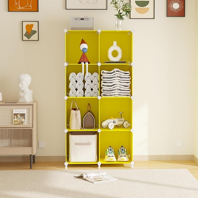 AWTATOS Cube Storage Organizer, 8 Cube Closet Organizers Stackable, Yellow | Portable Closet Storage Cube Shelves, DIY Plastic Bookshelf Clothes Organizer Shelving for Bedroom, Home Office