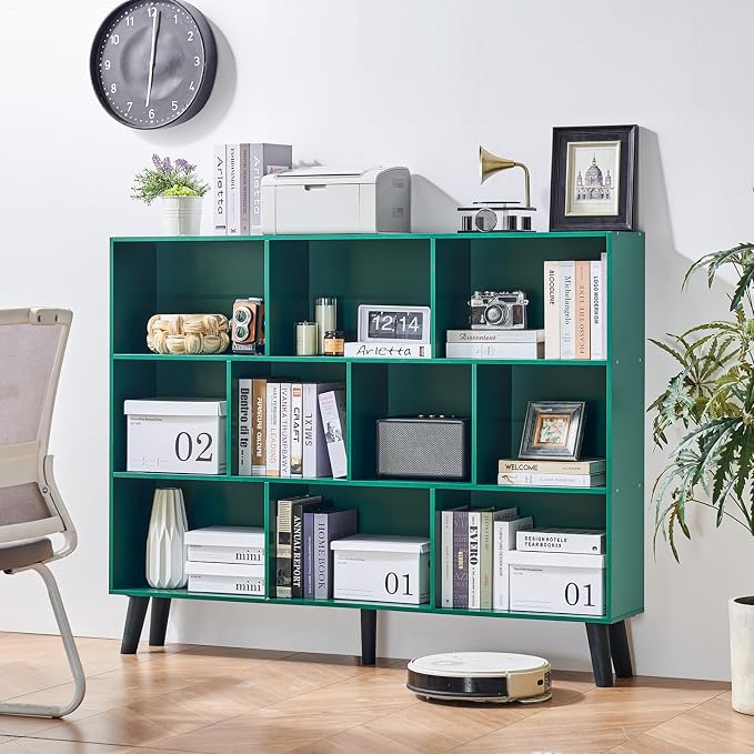LEYAOYAO 10 Cube Bookshelf,Mid-Century Modern Bookcase with Legs,Dark Green | 3 Tier Book Shelf, 55" Wide Rustic Wood Bookshelves Large Storage Organizer, Open Shelves for Bedroom, Living Room, Office