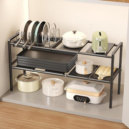 Mustorn Pots and Pans Organizer Under Cabinet, Expandable 2 Tier Under Sink Organizers and Storage Adjustable Height Kitchen Pot and Pan Lid Holder Rack with 6 Dividers(6panels,1 Pot rack, Black)