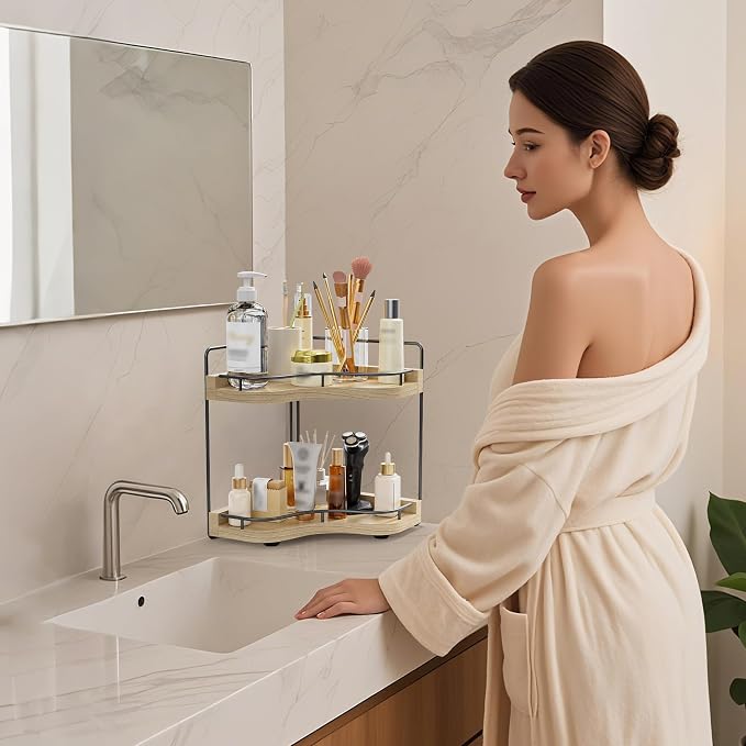2-Tier Corner Bathroom Counter Organizer, Larger Size | Embedded Screw Holes, Sturdy & Stable, Oversized, Holds More, Vanity Shelf for Makeup & Skincare, ‎‎Light Walnut
